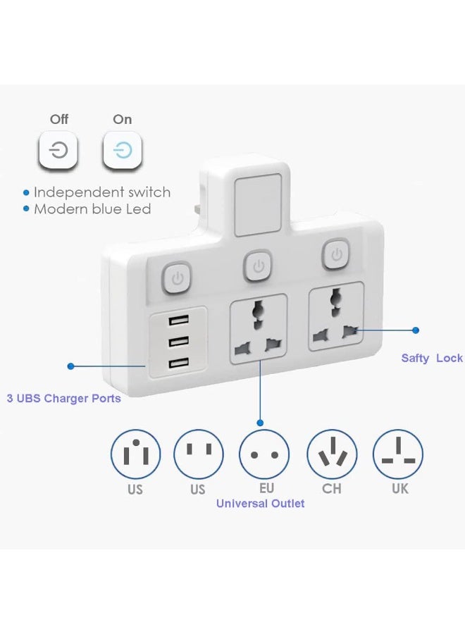 TYCOM Power Adapter Multi Plug Extension Extender Wall Socket 2 Way 3 USB Multiple Electrical Outlet Adaptor Power Station for Home And Office. - Image 2